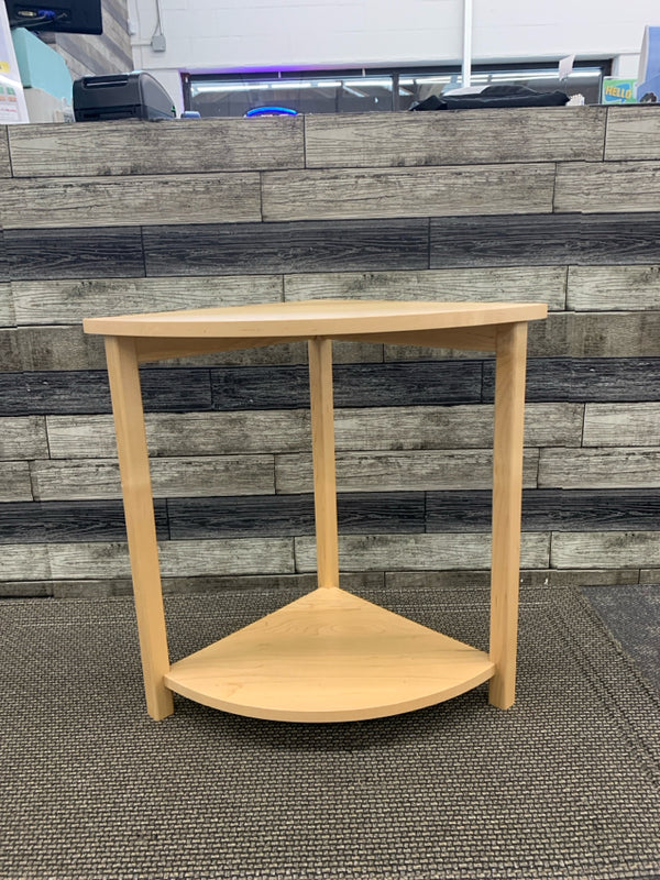 BLONDE WOOD CORNER CONSOLE TABLE.