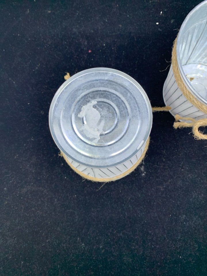 2 WHITE GALVANIZED METAL BUCKETS W TWINE.