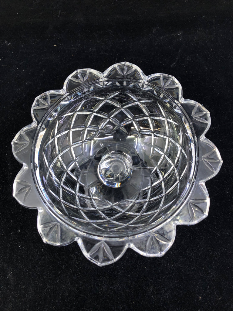 THICK GLASS FOOTED FLOWER SHAPE CANDY DISH.