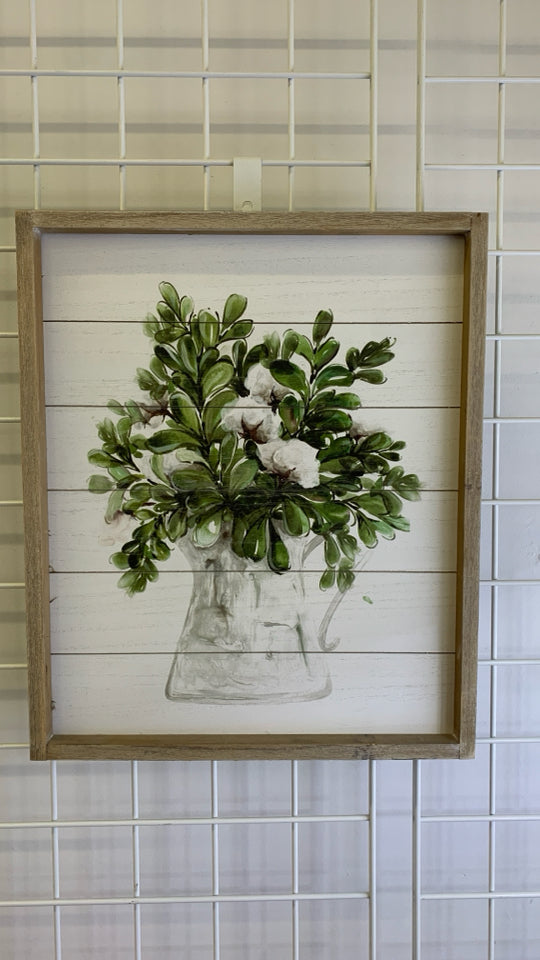 GREENS IN WHITE WASHED WOOD FRAME WALL ART.