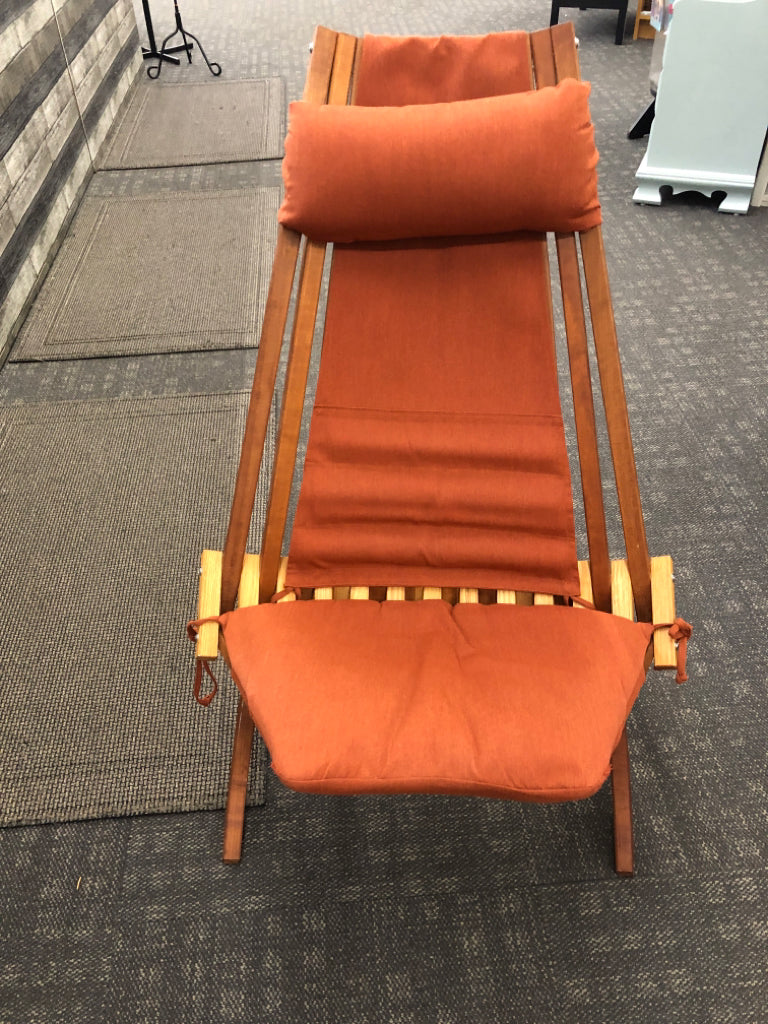 ARTISAN MADE TEAK WOOD FOLDABLE CHAIR W/ BURNT ORANGE CUSHIONS.