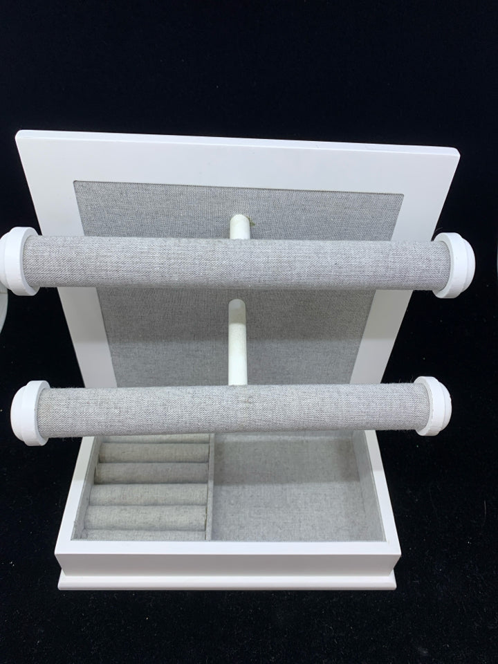 WHITE/GRAY JEWELRY STAND WITH TWO BARS AND RING HOLDER.