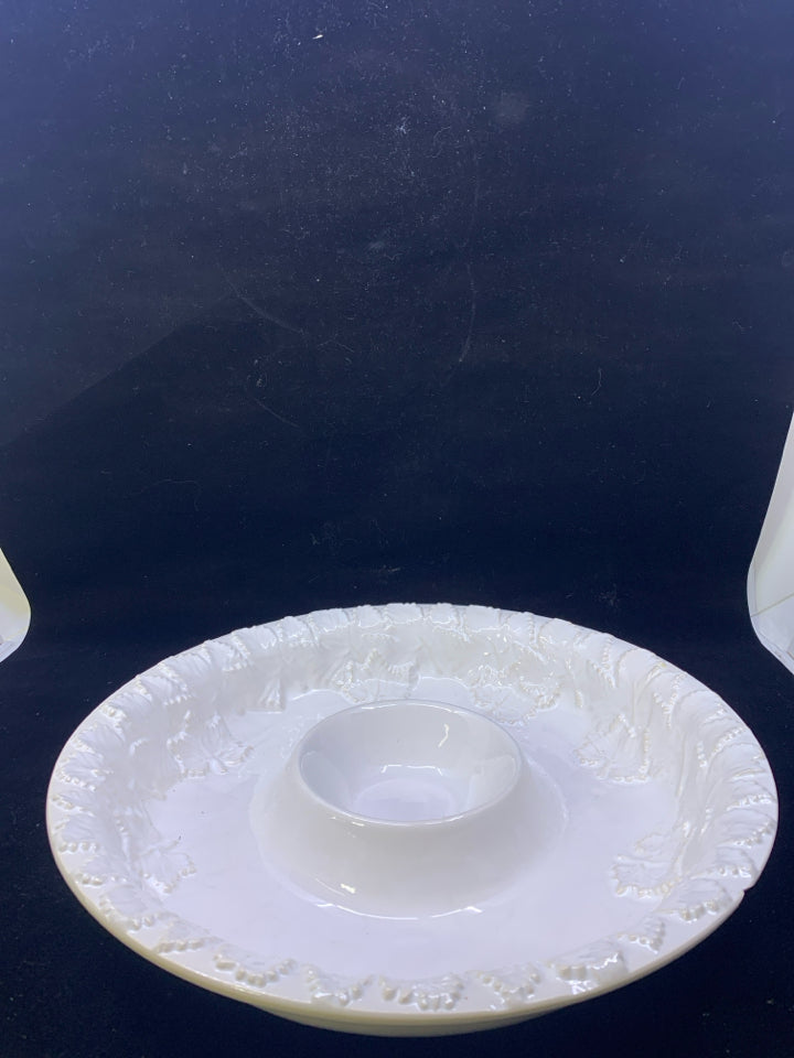 WHITE EMBOSSED LEAF CHIP AND DIP SERVER.