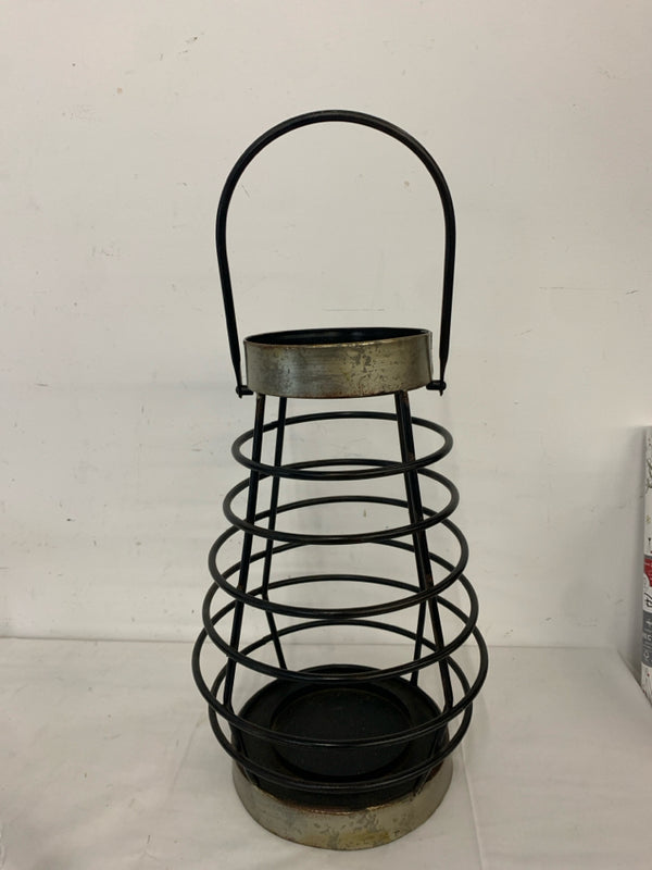 BLACK METAL DISTRESSED CANDLE HOLDER LANTERN.