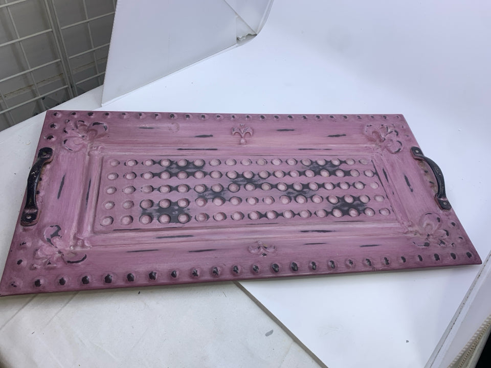 PURPLE RUSTIC METAL RECTANGULAR TRAY W/HANDLES.
