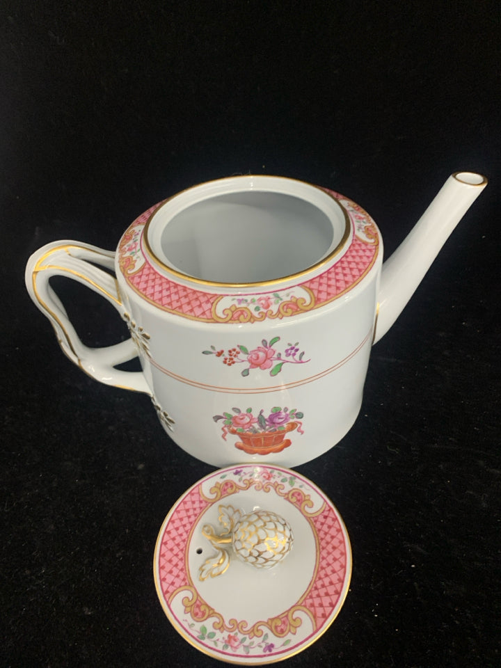 SPODE COPELAND GREY BLUE W PINK ACCENTS TEAPOT.