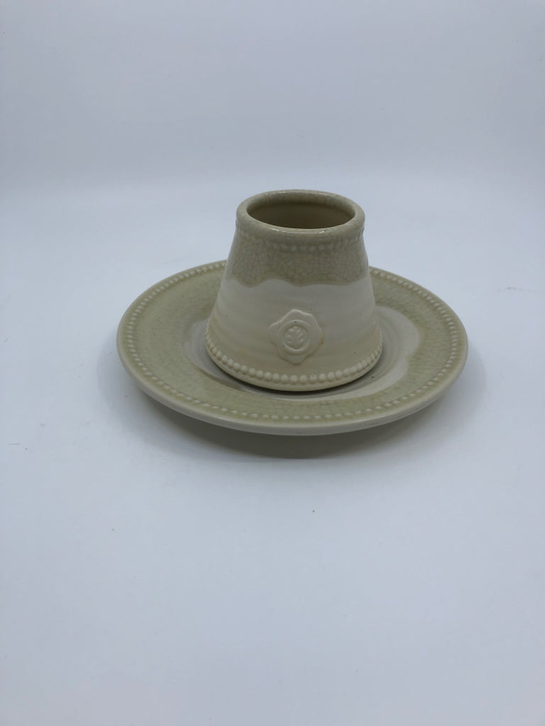 2PC CRACKLE GLASS CANDLE PLATE + SHADE W LEAF.