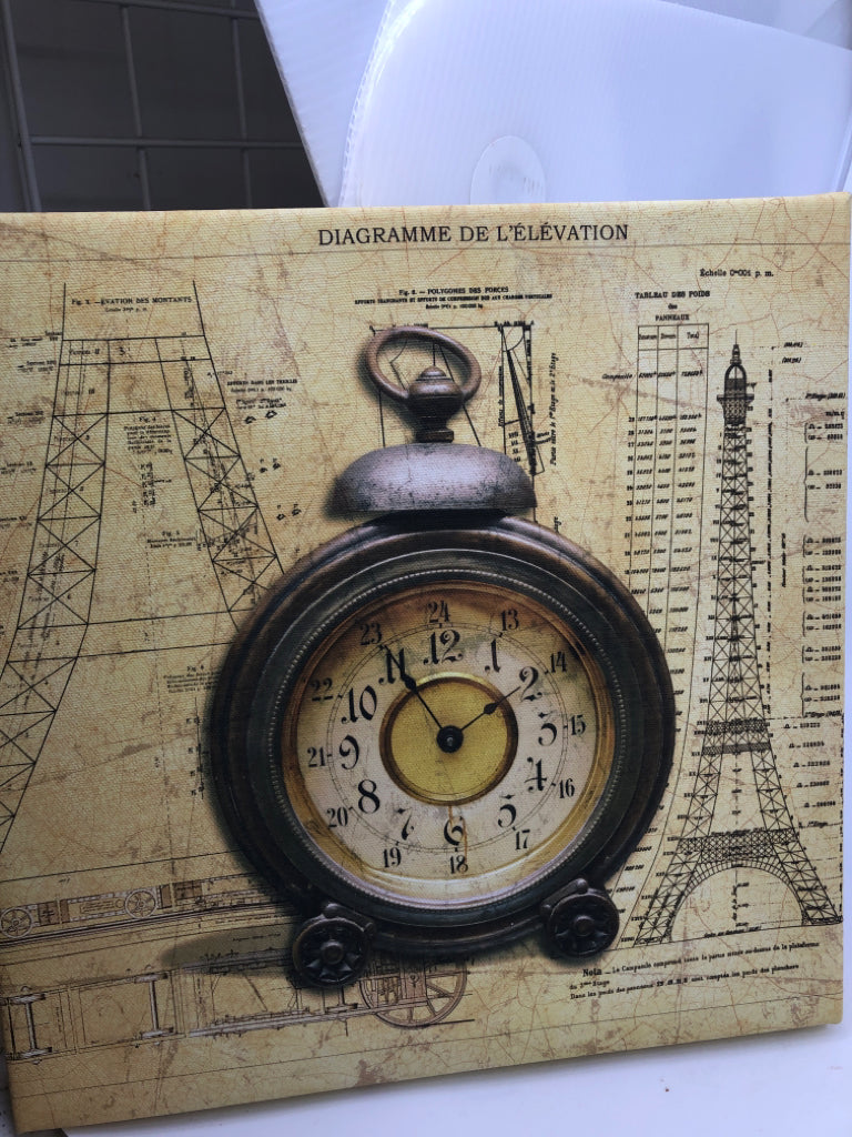 CLOCK, EIFFEL TOWER CANVAS WALL ART.