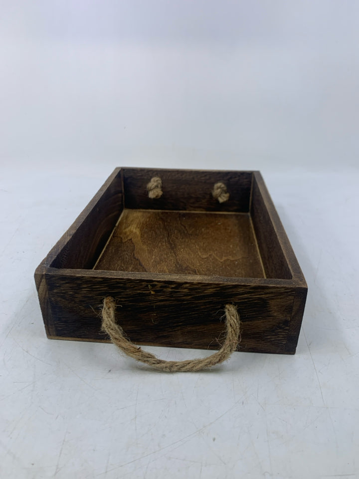 SMALL DARK WOOD TRAY W/ BURLAP TWINE HANDLES.