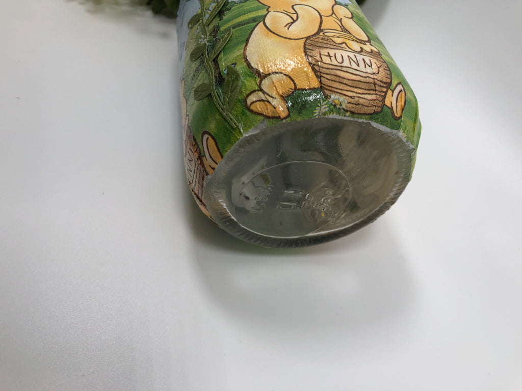 WINNIE THE POOH MASON JAR W/FAUX FLOWERS+BERRIES.