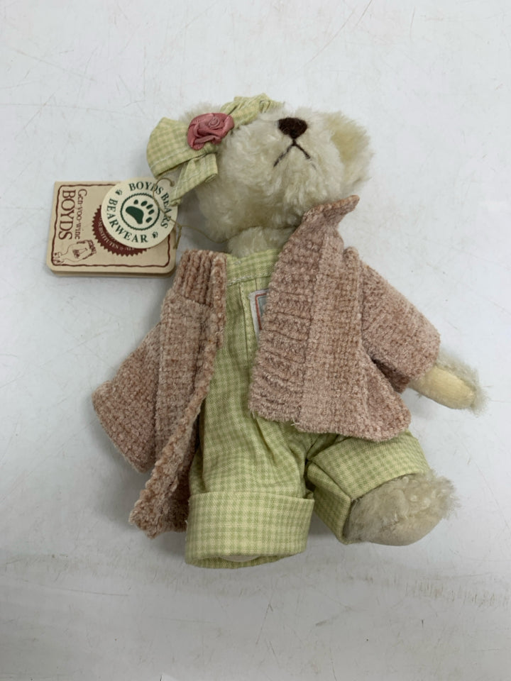 MINI WHITE BEAR W/ GREEN PLAID JUMP SUIT & SWEATER BOYDS BEAR.