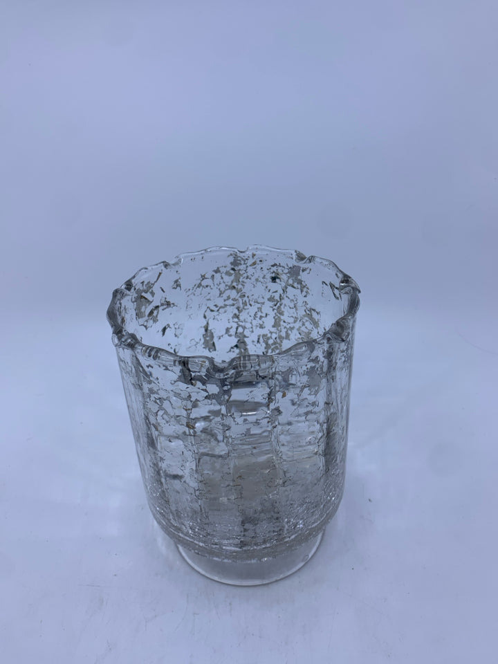 FOOTED CLEAR CRACKLE GLASS CANDLE HOLDER W/ SILVER SPECKS.