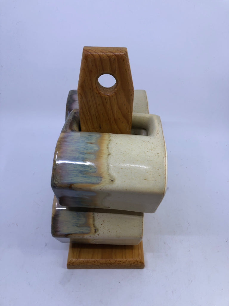 4 DRIP GLAZE POTTERY MUGS W WOODEN STAND.