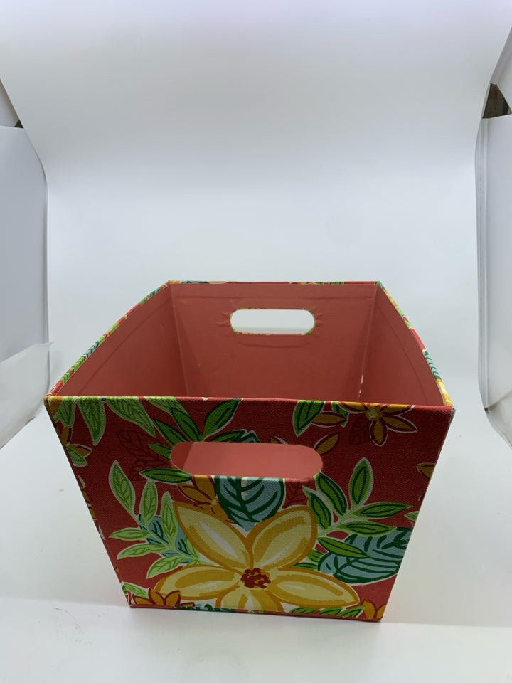 RED AND YELLOW FLORAL BASKET W HANDLES.