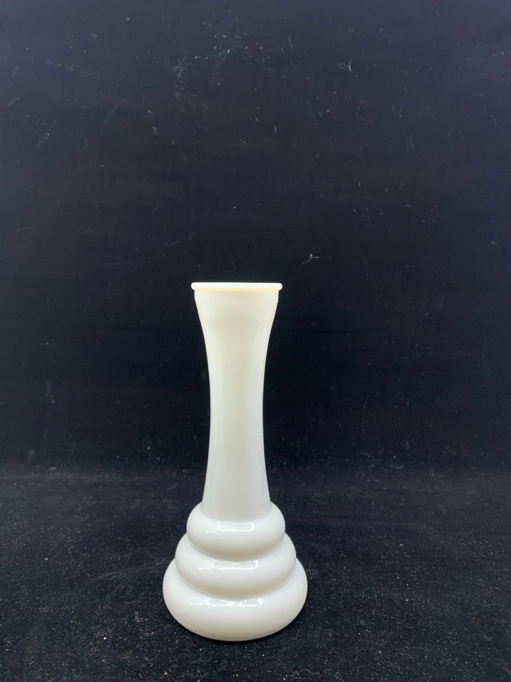 MILK GLASS BOTTOM RIBBED SINGLE FLOWER VASE.