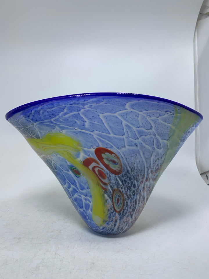 HEAVY COLORFUL BLOWN GLASS VASE.
