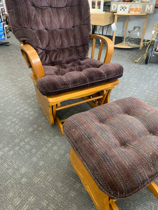 WOODEN GLIDER AND OTTOMAN W LARGE CUSHION.