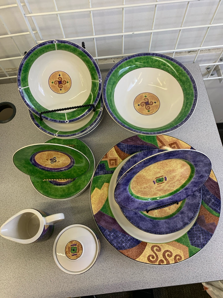 16PC SANGO SERVING SET, GREEN/BLUE PATTERN.