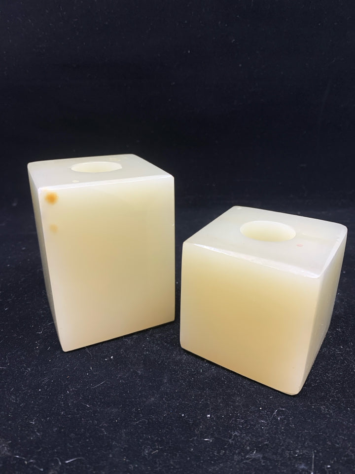 2 HEAVY MARBLE SQUARE TAPER CANDLE HOLDERS.