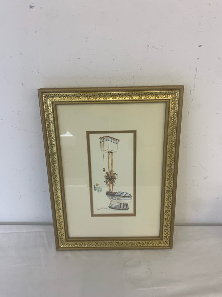 VTG STYLE TOILET IN GOLD FRAME WALL ART.