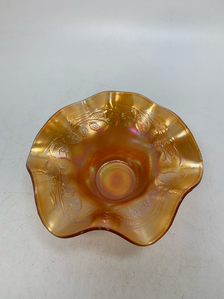 VTG CARNIVAL GLASS MARIGOLD SMALL RUFFLED EDGE DISH W/ EMBOSSED BERRIES LEAVES.