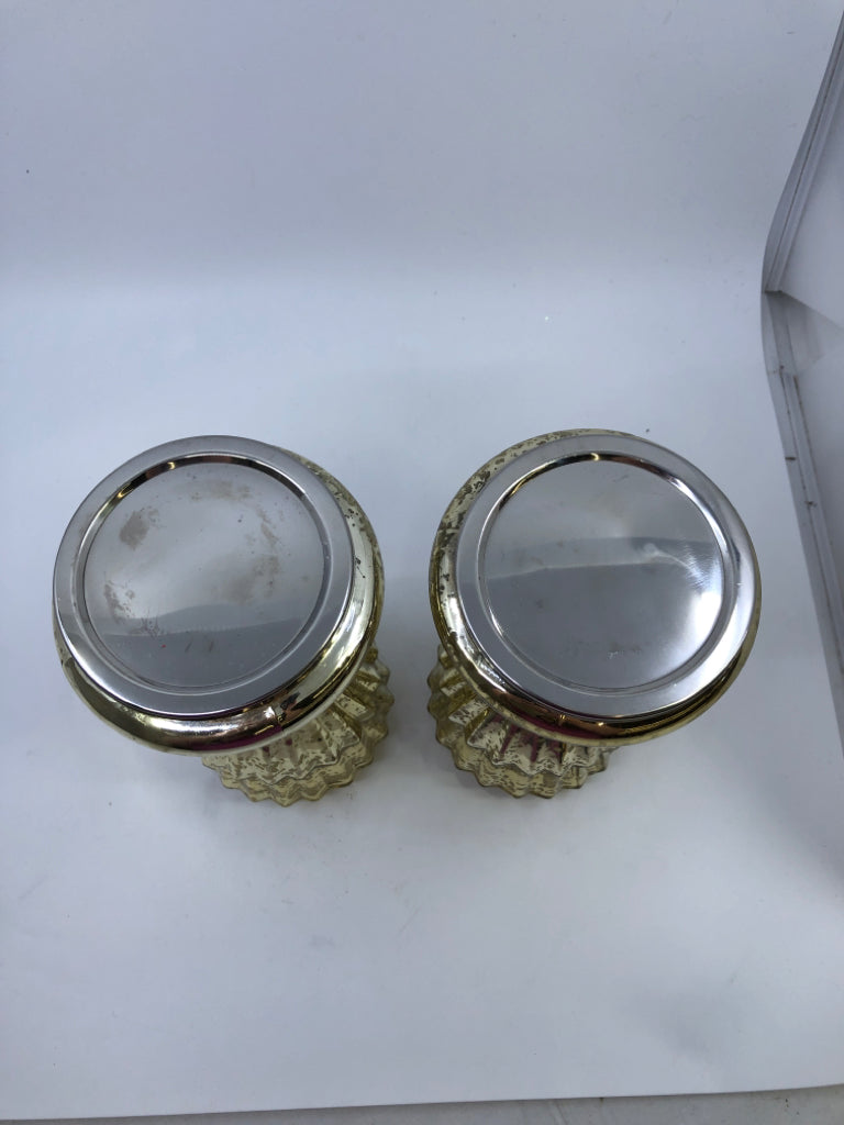 2-GOLD MERCURY GLASS CHRISTMAS TREE CANDLE HOLDERS.