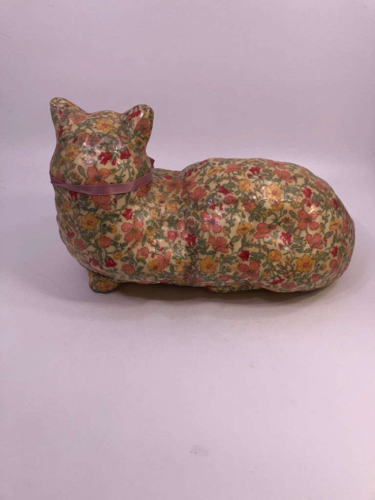 VTG DECOUPAGE FLORAL CERAMIC CAT W/PINK BELL COLLAR.