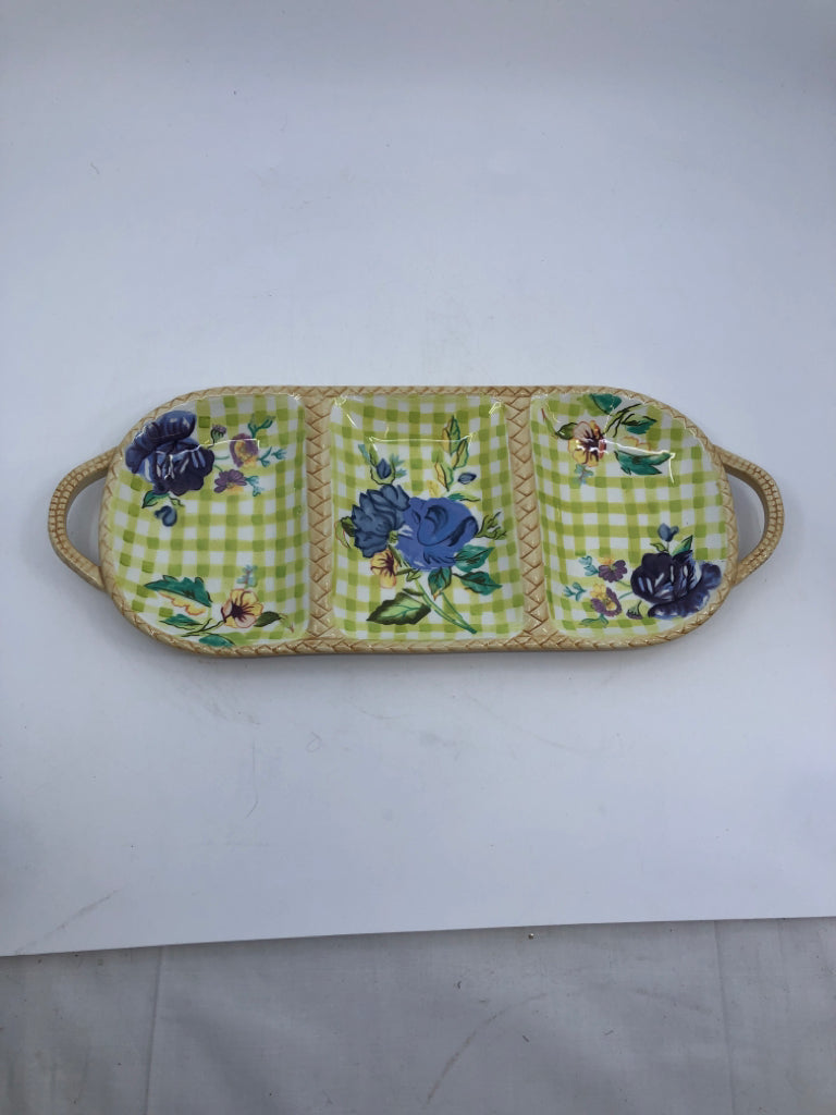 LIME GREEN COTTAGE ROSE COLLECTION DIVIDED SERVER W HANDLES.