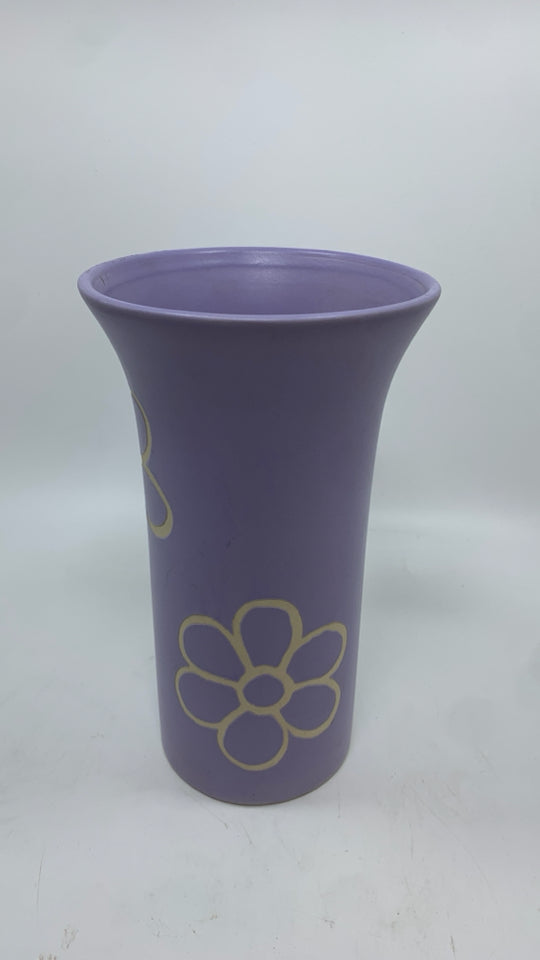 PURPLE CERAMIC VASE W/WHITE FLOWER ETCHING.