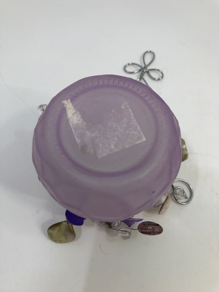 PURPLE FROSTED GLASS HANGING TEA LIGHT HOLDER W/BEADS.