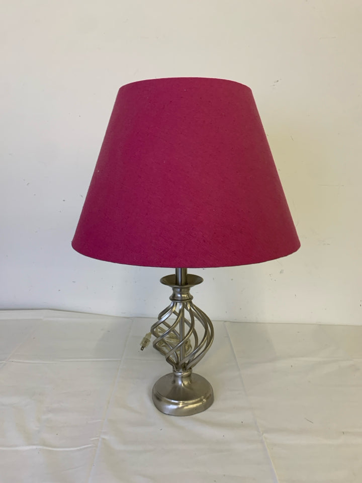 SILVER BASE LAMP W PINK SHADE.