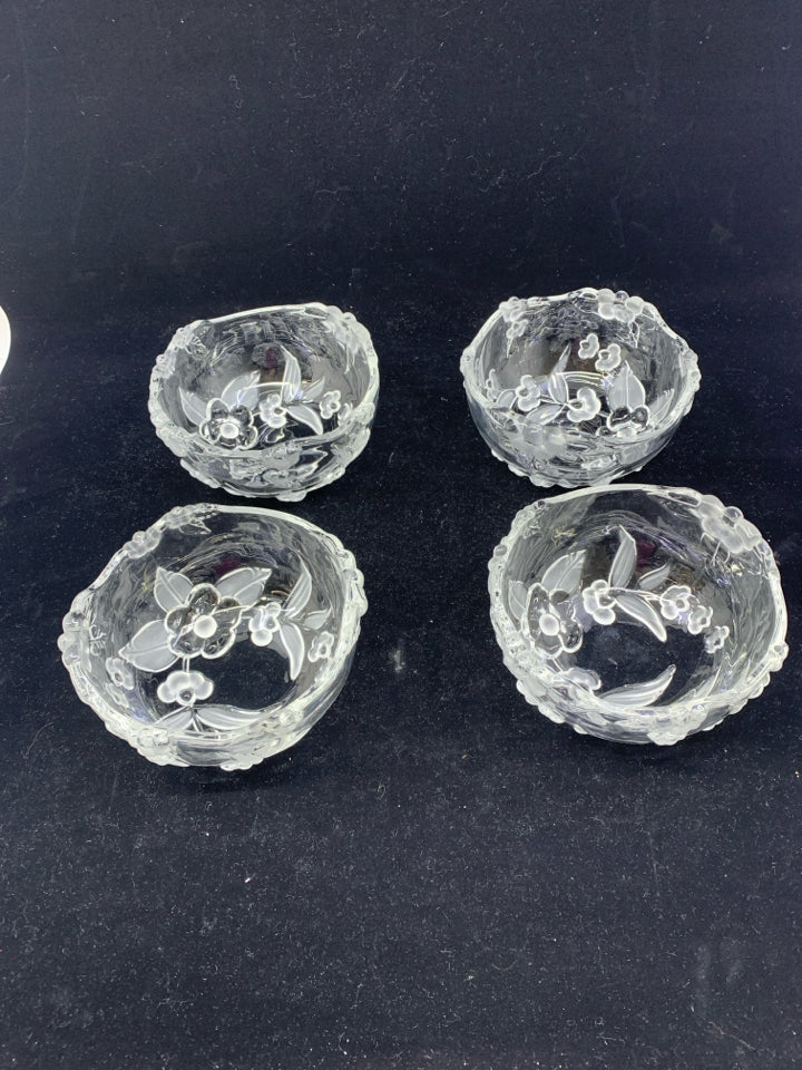 4 FLORAL EMBOSSED  FROSTED BOWLS.