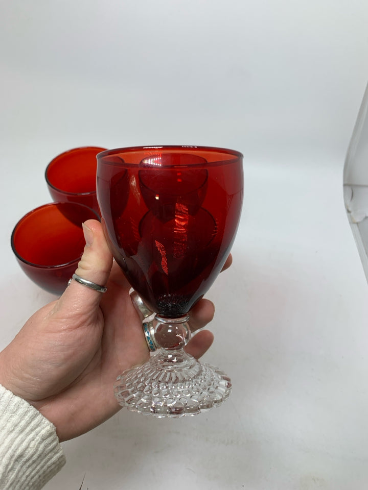 5 VTG BUBBLE FOOT RUBY RED JUICE GOBLETS.