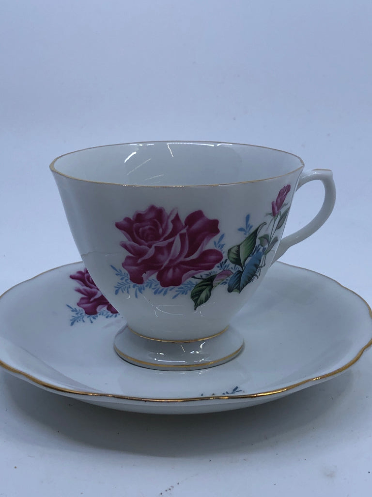 PINK ROSE, GREEN LEAVES TEACUP AND SAUCER.
