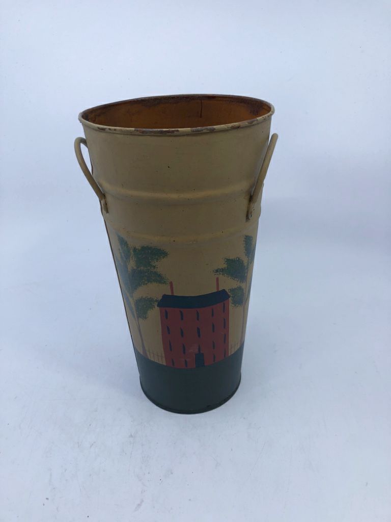 METAL TAN VASE W/ RED PAINTED HOUSE PRIMITIVE.