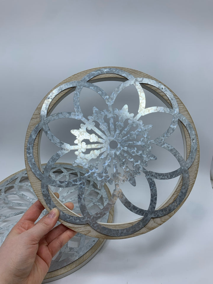 3PC ROUND WOOD AND METAL MANDALA WALL HANGINGS.