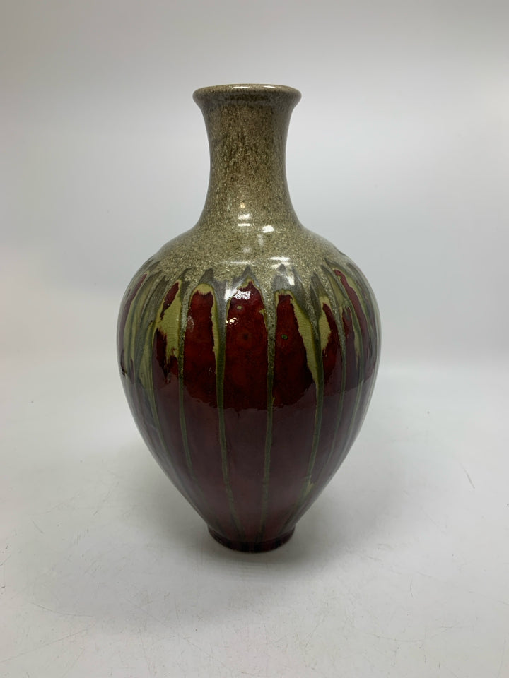 HEAVY VASE W/ METALLIC DRIP NECK.