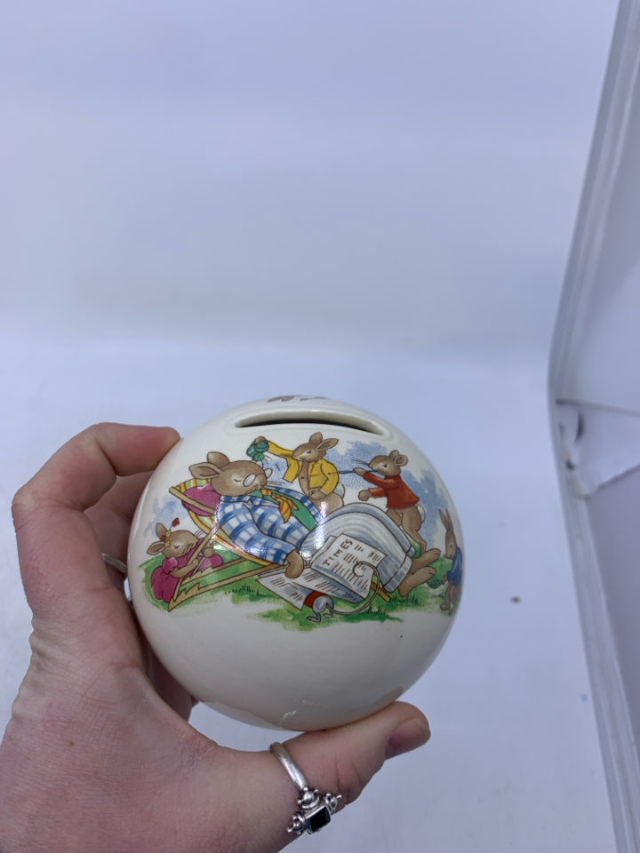 SMALL BUNNYKINS SPHERE IVORY COLORED VASE W/ BUNNIES TRYING TO WAKE UP FATHER FR
