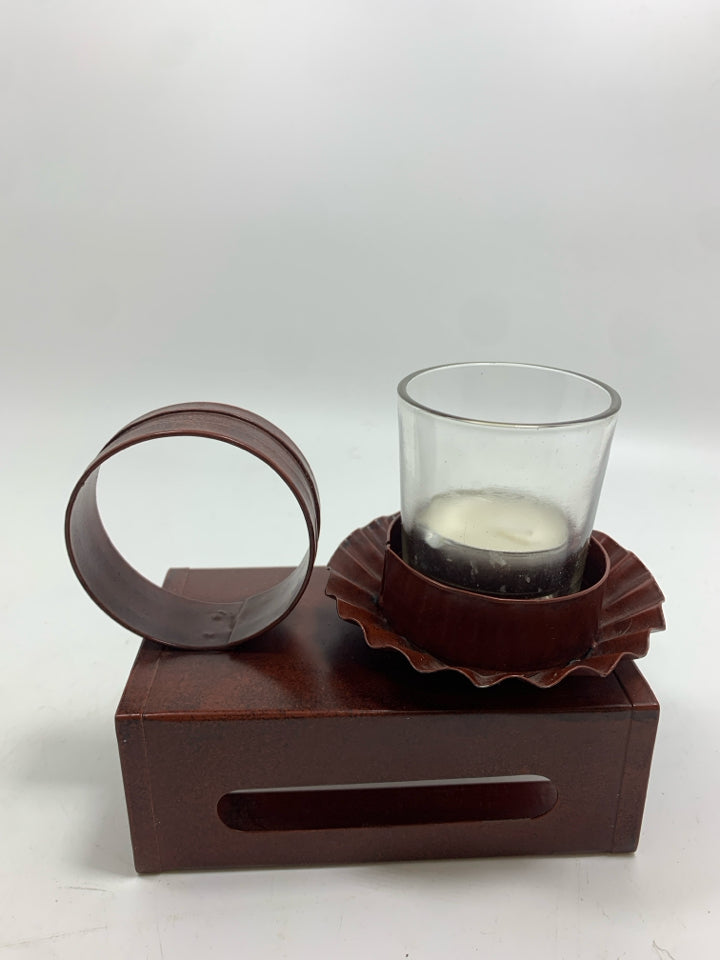 PRIMITIVE RED METAL MATCH-BOX HOLDER W/CANDLE.
