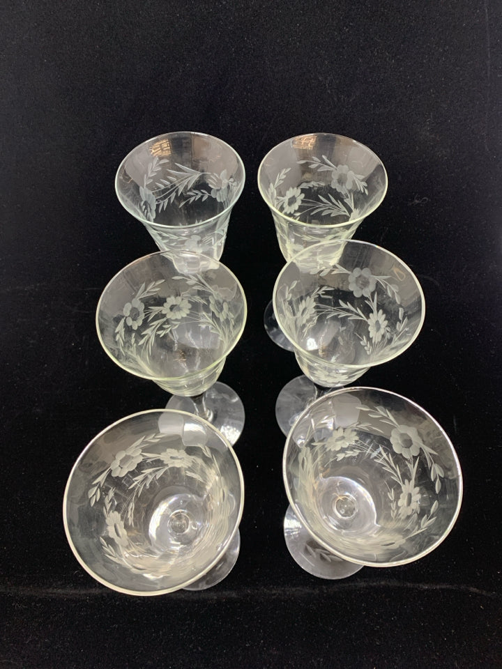 6 PRINCESS HOUSE ETCHED WINE GOBLETS.