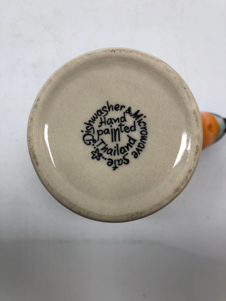 BLUE BIRD HANDLE STONEWARE MUG.