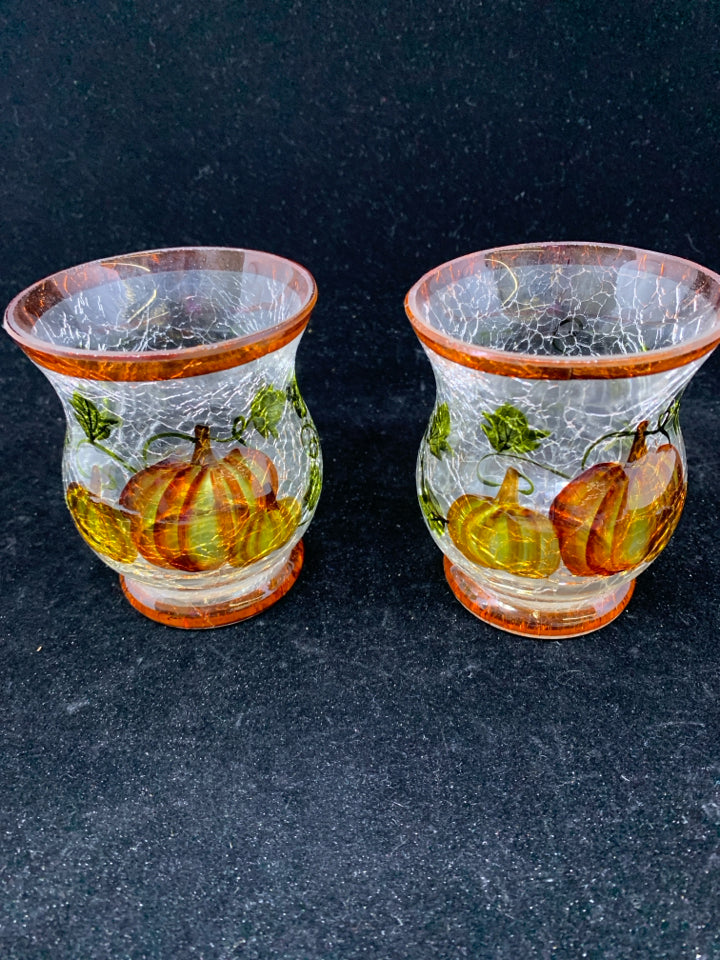 2 CRACKLE GLASS W PUMPKINS TEA LIGHT HOLDERS.