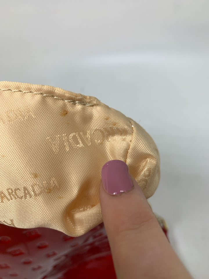 Arcadia Red Patent Lego Embossed Zip Top Shoulder Bag *Minor Interior Stains