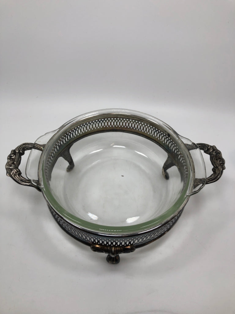VTG COVERED CASSEROLE DISH W/METAL STAND.