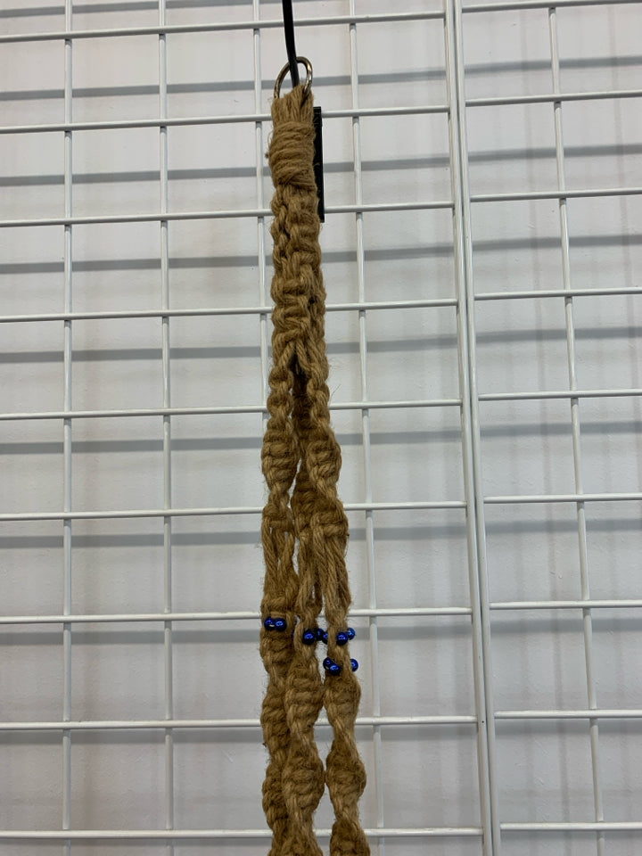BRAIDED PLANT HANGER W/ BLUE BEADS.