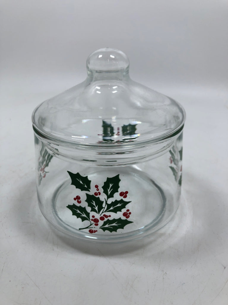 HOLLY DETAILED GLASS CANISTER.