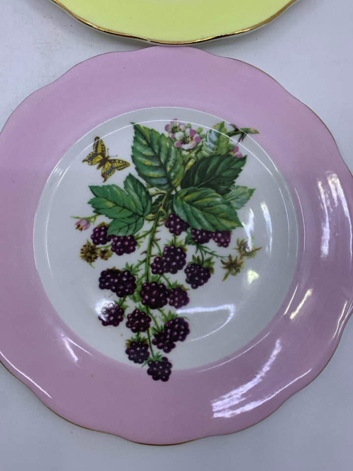 4 VTG PASTEL COLORED FRUIT PATTERN DESSERT PLATES.
