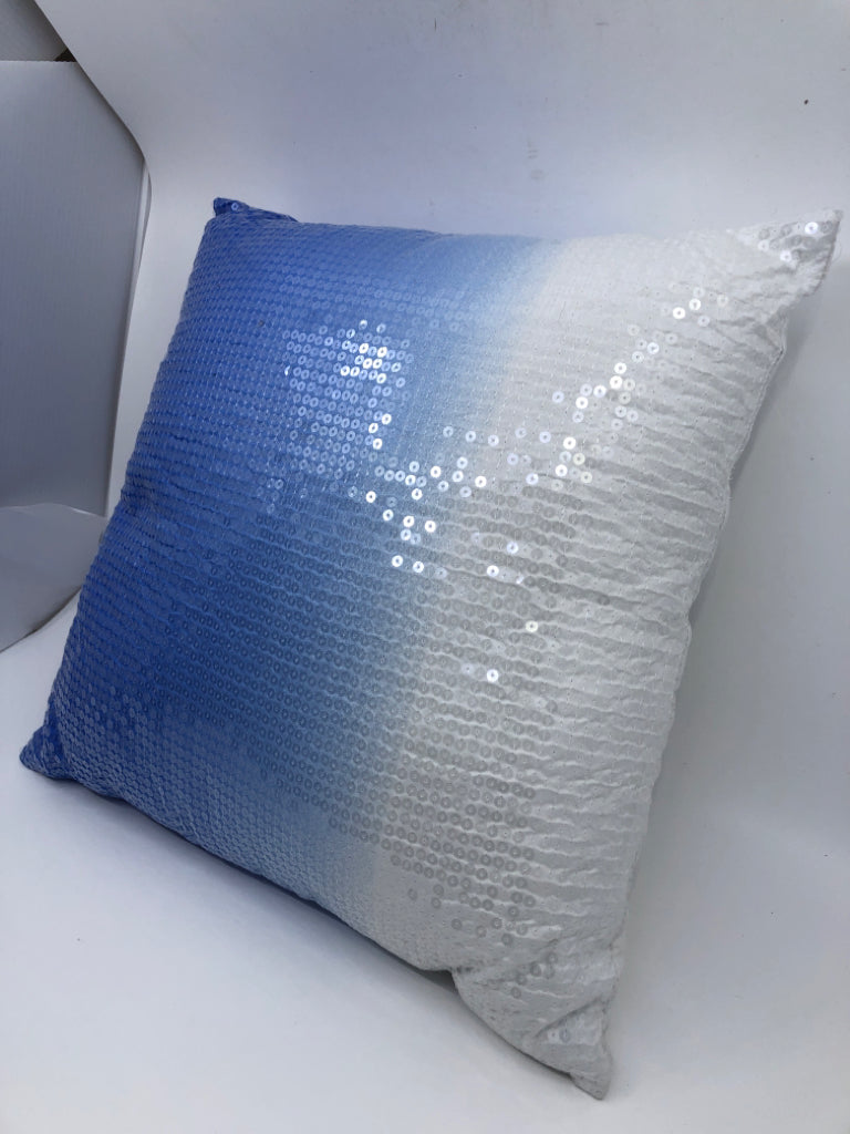 WHITE AND BLUE OMBRE SQUARE PILLOW.