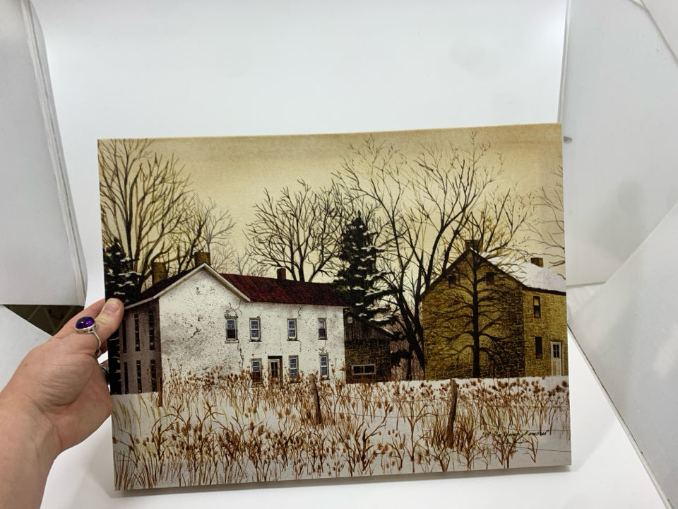 PRIMITIVE STYLE CANVAS W/ HOUSES BEAR TREES AND SNOW ON THE GROUND.