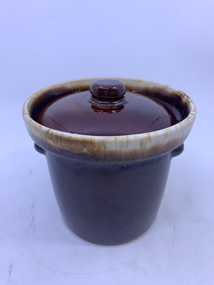 VTG BROWN AND WHITE POT W LID.